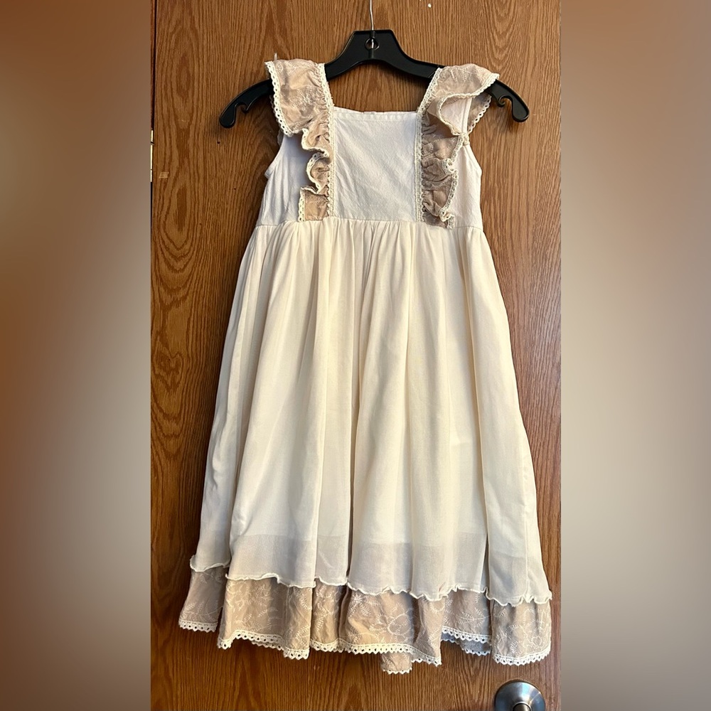 Girls Mustard Pie tan and cream layered dress.